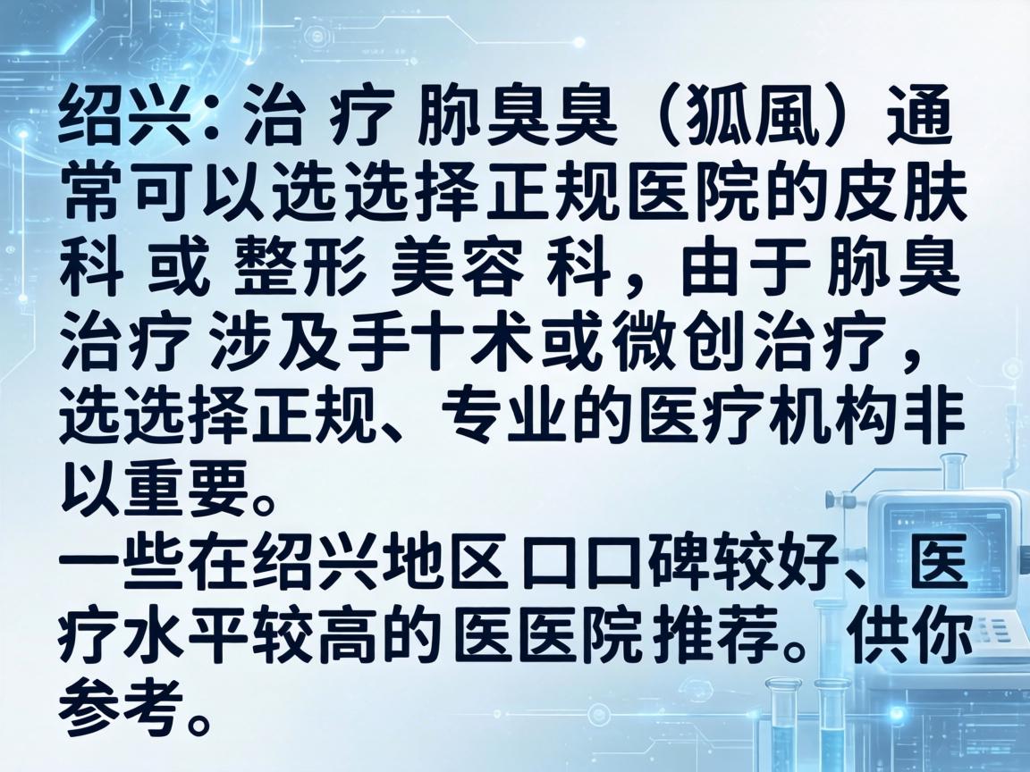 在绍兴，治疗腋臭（狐臭）通常可以选择正规医院的皮肤科或整形美容科。由于腋臭治疗涉及手术或微创治疗，选择正规、专业的医疗机构非常重要。以下是一些在绍兴地区口碑较好、医疗水平较高的医院推荐，供你参考