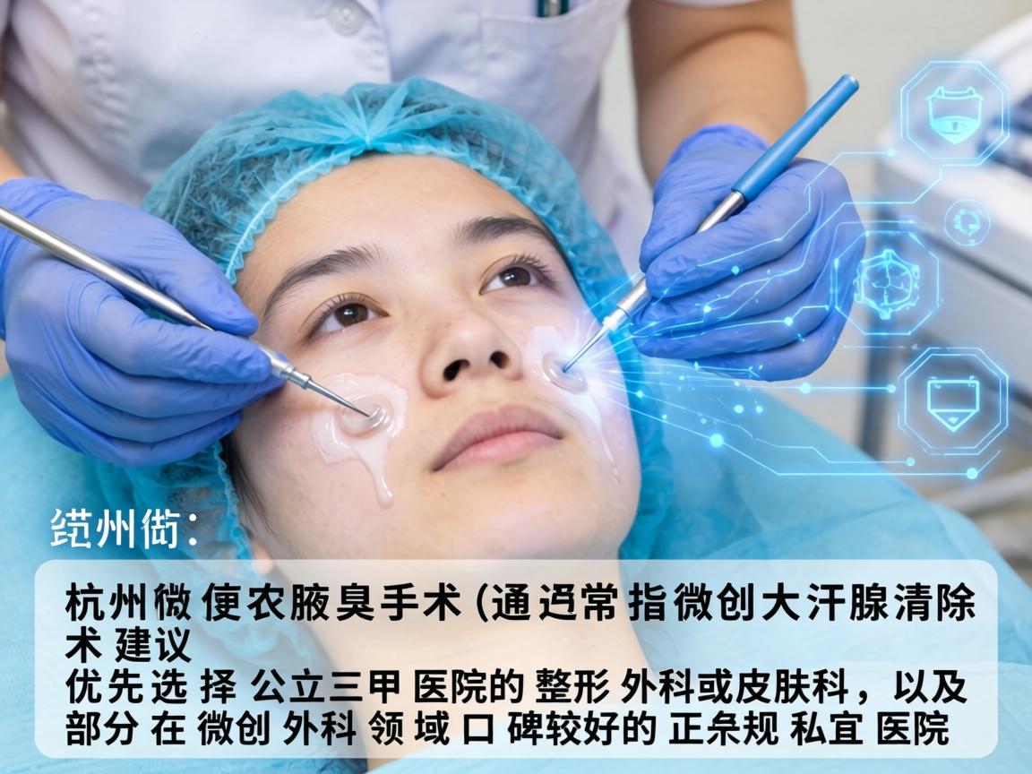 在杭州，做腋臭手术（通常指微创大汗腺清除术）建议优先选择公立三甲医院的整形外科或皮肤科，以及部分在微创外科领域口碑较好的正规私立医院