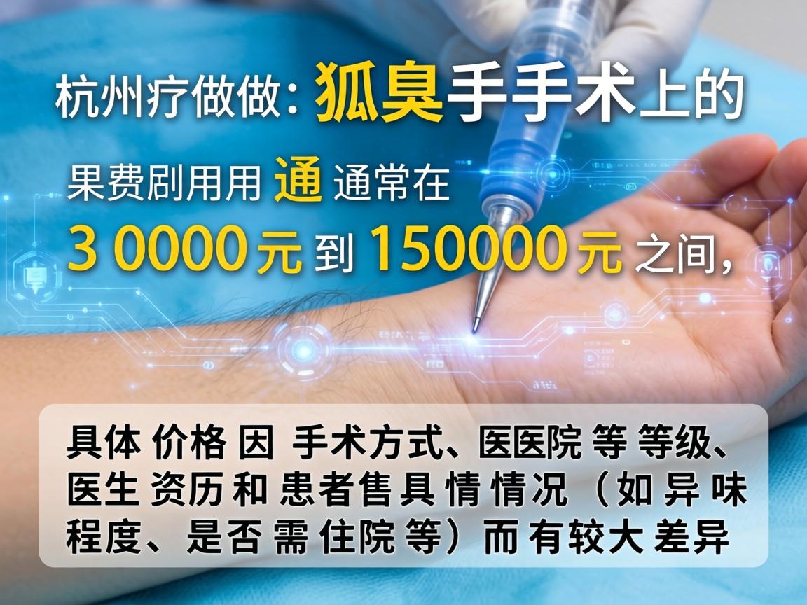 在杭州做狐臭手术的费用通常在 3000元到15000元 之间,具体价格因手术方式、医院等级、医生资历和患者具体情况(如异味程度、是否需住院等)而有较大差异 在杭州做狐臭手术的费用通常在 3000元到15000元 之间,具体价格因手术方式、医院等级、医生资历和患者具体情况(如异味程度、是否需住院等)而有较大差异