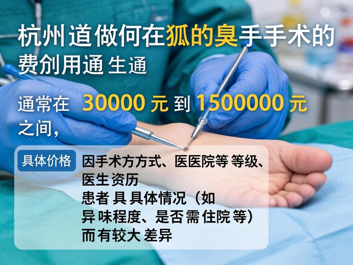 在杭州做狐臭手术的费用通常在 3000元到15000元 之间,具体价格因手术方式、医院等级、医生资历和患者具体情况(如异味程度、是否需住院等)而有较大差异 在杭州做狐臭手术的费用通常在 3000元到15000元 之间,具体价格因手术方式、医院等级、医生资历和患者具体情况(如异味程度、是否需住院等)而有较大差异