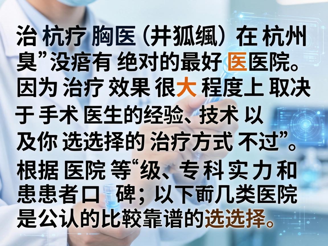 治疗腋臭（狐臭）在杭州并没有绝对的最好医院，因为治疗效果很大程度上取决于手术医生的经验、技术以及你选择的治疗方式。不过，根据医院等级、专科实力和患者口碑，以下几类医院是公认的比较靠谱的选择
