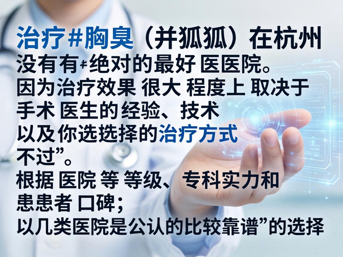 治疗腋臭（狐臭）在杭州并没有绝对的最好医院，因为治疗效果很大程度上取决于手术医生的经验、技术以及你选择的治疗方式。不过，根据医院等级、专科实力和患者口碑，以下几类医院是公认的比较靠谱的选择