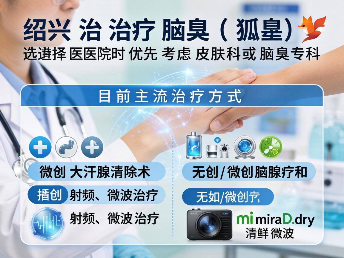 在绍兴治疗腋臭（狐臭）选择医院时优先考虑皮肤科或腋臭专科。目前主流治疗方式包括微创大汗腺清除术和无创/微创的射频、微波治疗（如miraDry清新微波）