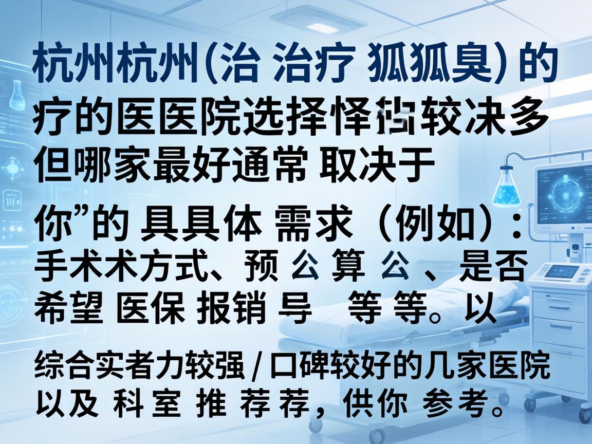 在杭州，治疗腋臭（狐臭）的医院选择较多，但哪家最好通常取决于你的具体需求（例如，手术方式、预算、是否希望医保报销等）以下是综合实力较强、口碑较好的几家医院及科室推荐，供你参考