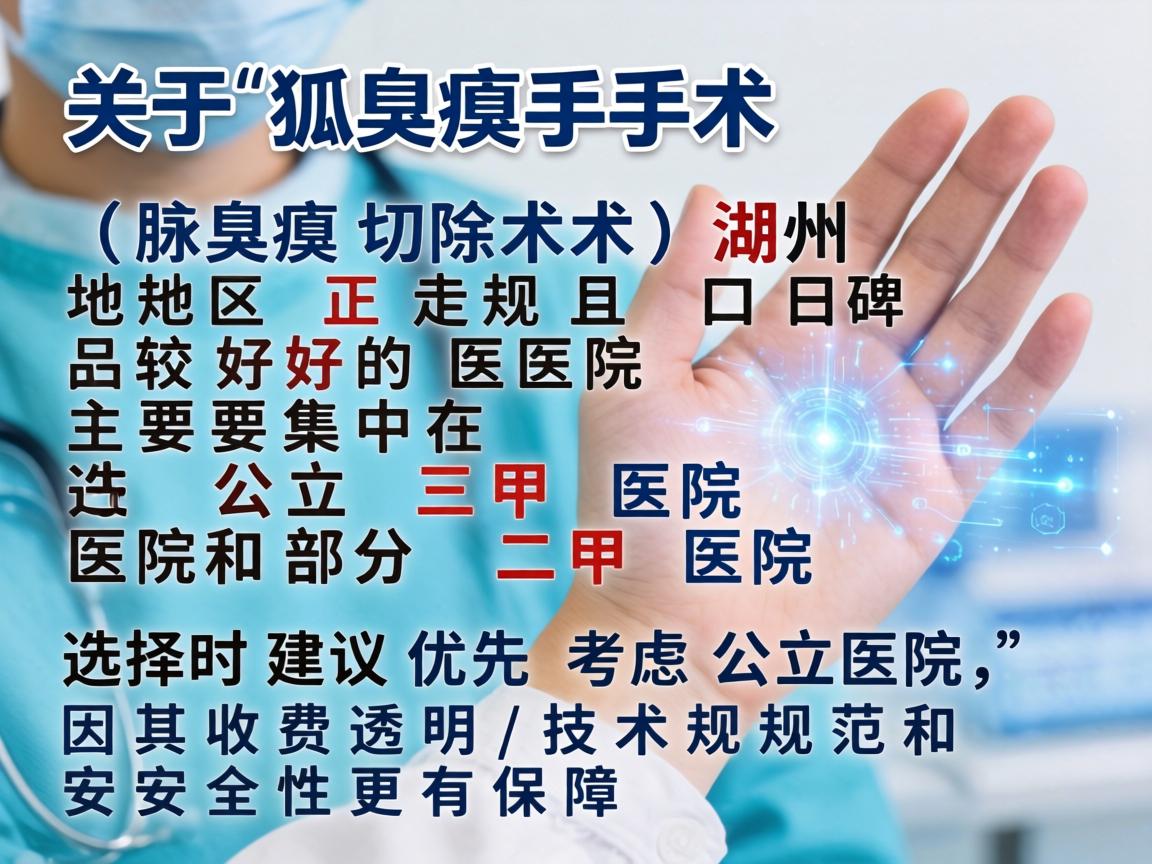 关于狐臭手术（腋臭切除术）湖州地区正规且口碑较好的医院主要集中在公立三甲医院和部分二甲医院。选择时建议优先考虑公立医院，因其收费透明、技术规范和安全性更有保障