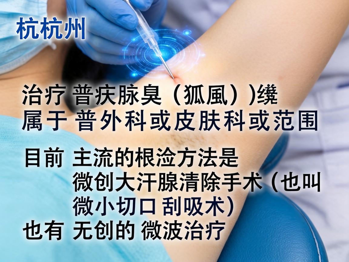 在杭州，治疗腋臭（狐臭）属于普外科或皮肤科的范畴。目前主流的根治方法是微创大汗腺清除术（也叫微小切口刮吸术）也有无创的微波治疗