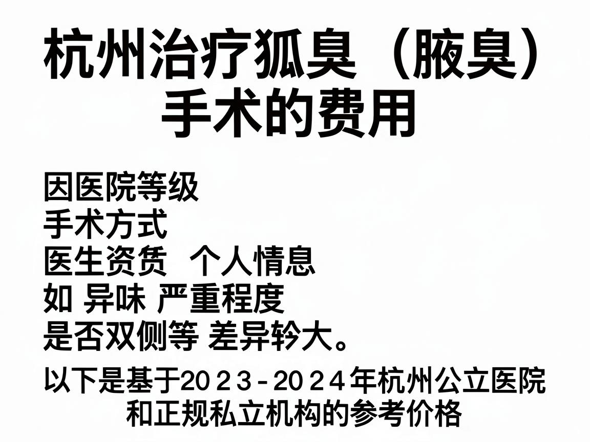 杭州治疗狐臭（腋臭）手术的费用因医院等级、手术方式、医生资质及个人情况（如异味严重程度、是否双侧等）差异较大。以下是基于2023-2024年杭州公立医院和正规私立机构的参考价格范围