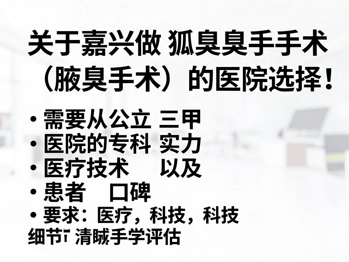 关于嘉兴做狐臭手术（腋臭手术）的医院选择，需要从公立三甲医院的专科实力、医疗技术以及患者口碑三个角度来评估