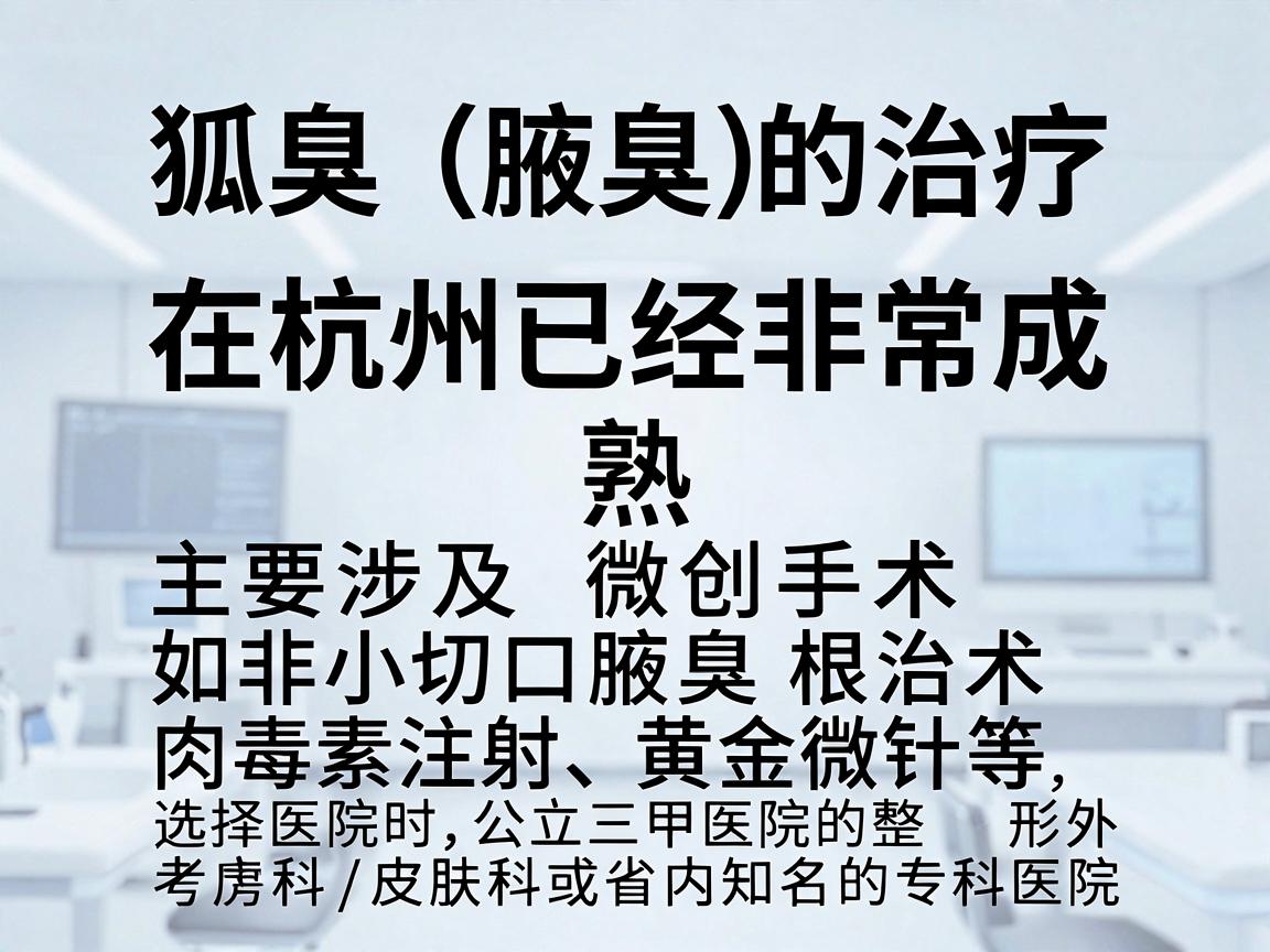 狐臭（腋臭）的治疗在杭州已经非常成熟，主要涉及微创手术（如小切口腋臭根治术）和非手术治疗（如肉毒素注射、黄金微针等）选择医院时，建议优先考虑公立三甲医院的整形外科/皮肤科或省内知名的专科医院