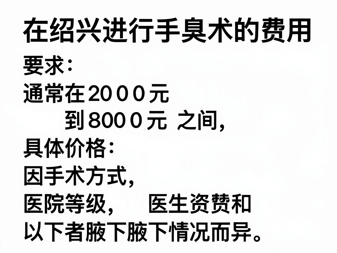 在绍兴进行狐臭手术的费用通常在 2000元到8000元 之间，具体价格因手术方式、医院等级、医生资质和患者腋下情况而异。以下是费用明细参考