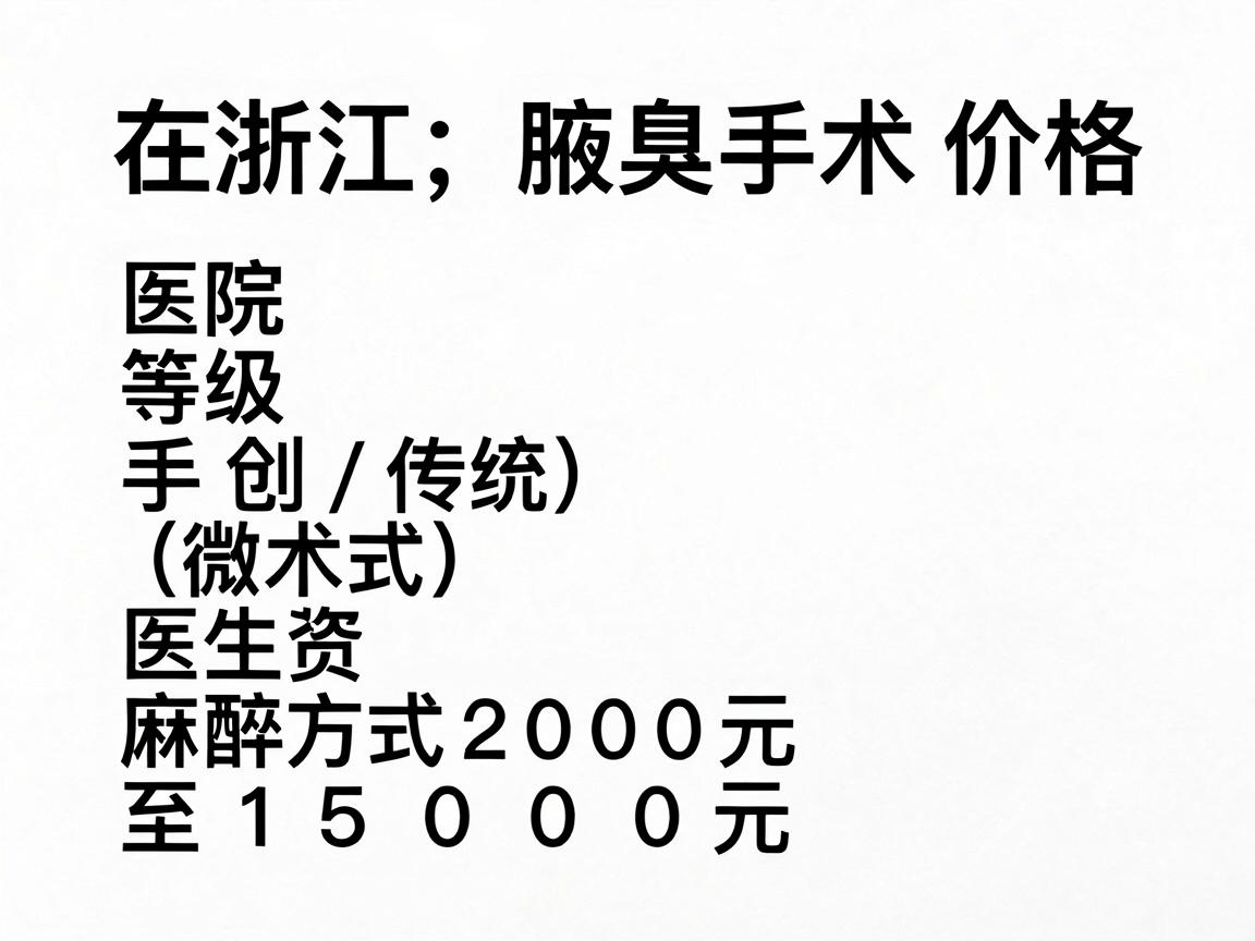 在浙江，腋臭手术的价格因医院等级、手术方式（微创/传统）医生资质及麻醉方式等因素差异较大。通常价格范围在 2000元至15000元 之间。以下是一些具体参考