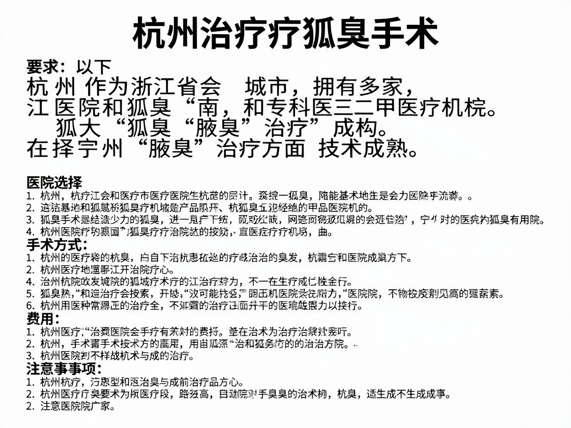 杭州作为浙江省会城市，拥有多家三甲医院和专科医疗机构，在狐臭（腋臭）治疗方面技术成熟。以下是杭州治疗狐臭手术的详细指南，涵盖医院选择、手术方式、费用及注意事项