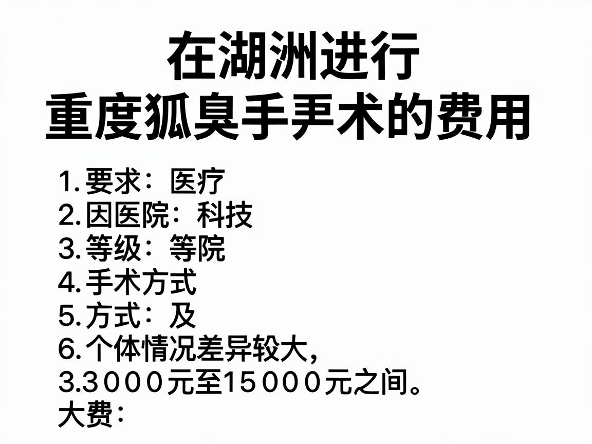 在湖州进行重度狐臭手术的费用,因医院等级、手术方式及个体情况差异较大,大致范围在3000元至15000元之间。以下是具体分析 在湖州进行重度狐臭手术的费用,因医院等级、手术方式及个体情况差异较大,大致范围在3000元至15000元之间。以下是具体分析