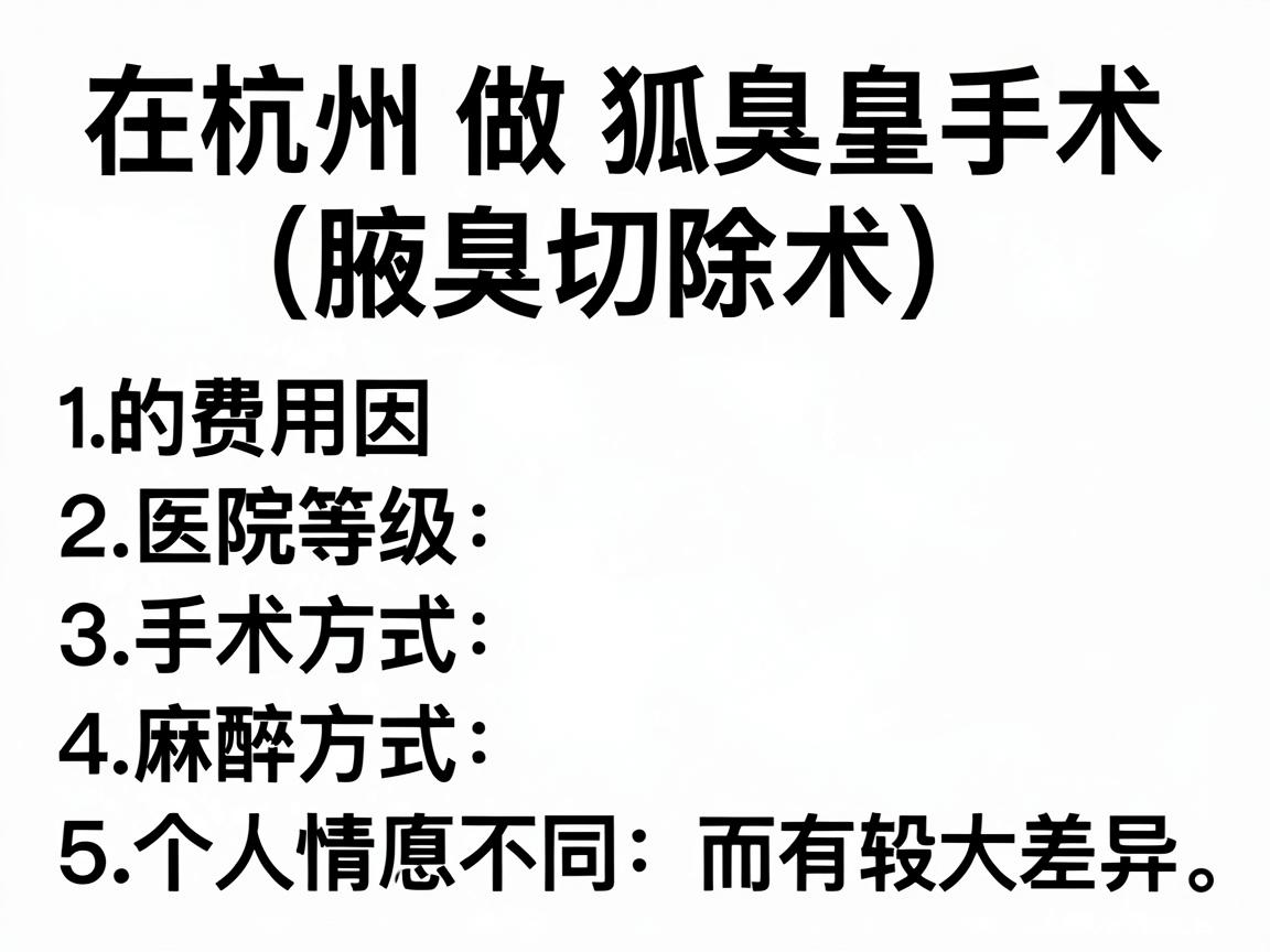 在杭州做狐臭手术（腋臭切除术）的费用因医院等级、手术方式、麻醉方式及个人情况不同而有较大差异。以下是大致的费用范围和关键影响因素，供你参考