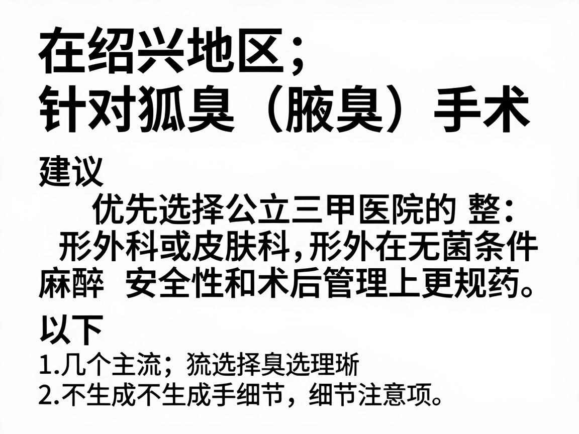 在绍兴地区，针对狐臭（腋臭）手术，建议优先选择公立三甲医院的整形外科或皮肤科，因为这类医院在无菌条件、麻醉安全性和术后管理上更规范。以下是几个主流选择及注意事项