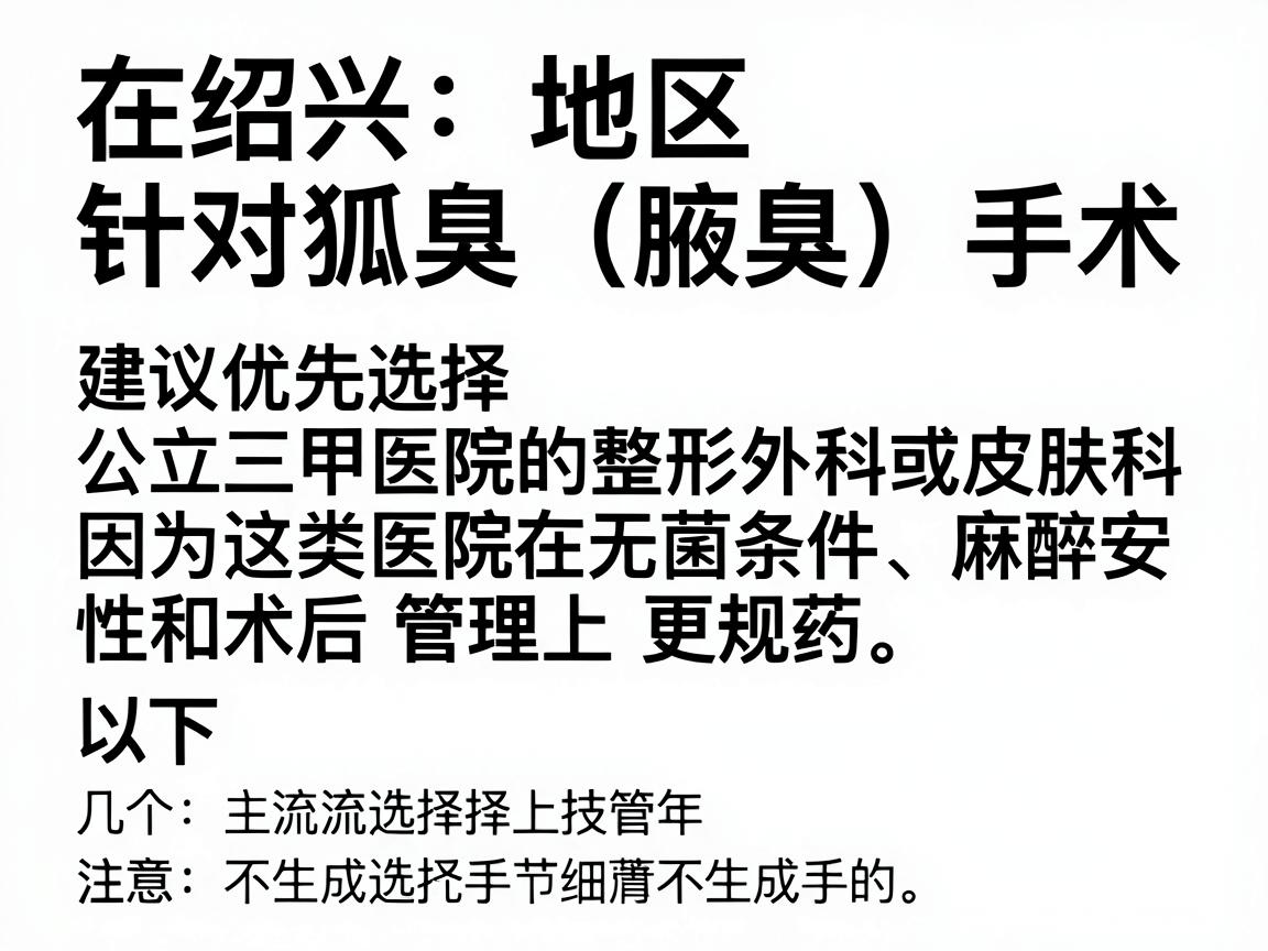 在绍兴地区，针对狐臭（腋臭）手术，建议优先选择公立三甲医院的整形外科或皮肤科，因为这类医院在无菌条件、麻醉安全性和术后管理上更规范。以下是几个主流选择及注意事项