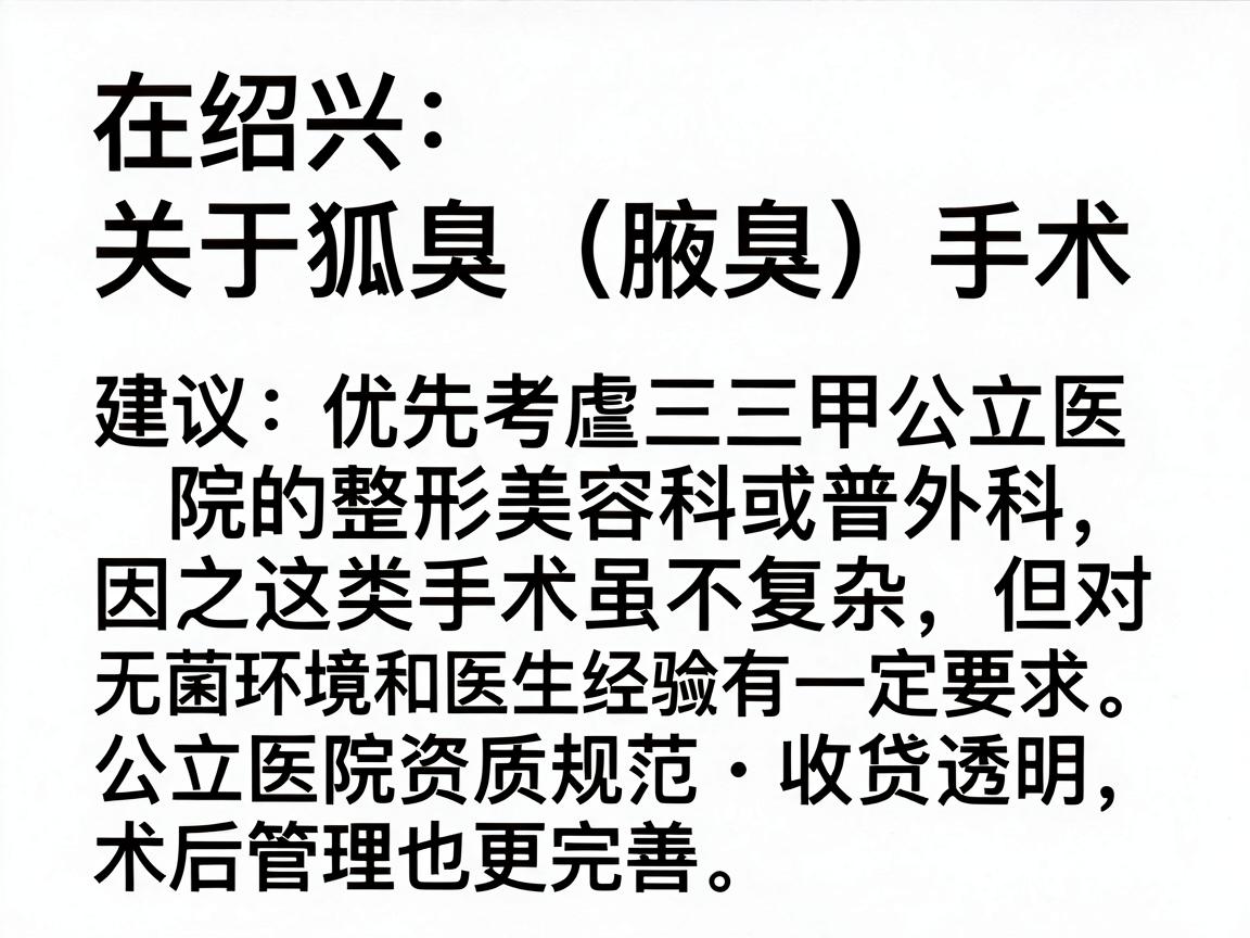 在绍兴，关于狐臭（腋臭）手术，建议优先考虑三甲公立医院的整形美容科或普外科，因为这类手术虽不复杂，但对无菌环境和医生经验有一定要求。公立医院资质规范、收费透明，术后管理也更完善