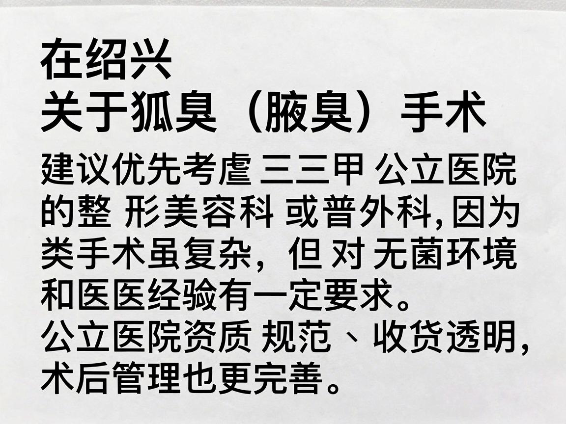 在绍兴，关于狐臭（腋臭）手术，建议优先考虑三甲公立医院的整形美容科或普外科，因为这类手术虽不复杂，但对无菌环境和医生经验有一定要求。公立医院资质规范、收费透明，术后管理也更完善