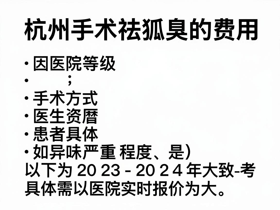 杭州手术祛除狐臭的费用因医院等级、手术方式、医生资历及患者具体情况（如异味严重程度、是否有医保等）而差异较大。以下为2023-2024年大致的参考范围（具体需以医院实时报价为准）