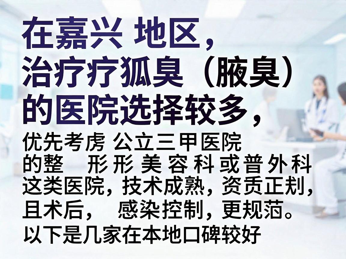 在嘉兴地区，治疗狐臭（腋臭）的医院选择较多，但建议优先考虑公立三甲医院的整形美容科或普外科，这类医院技术成熟、资质正规，且术后感染控制更规范。以下是几家在本地口碑较好的医院及科室参考