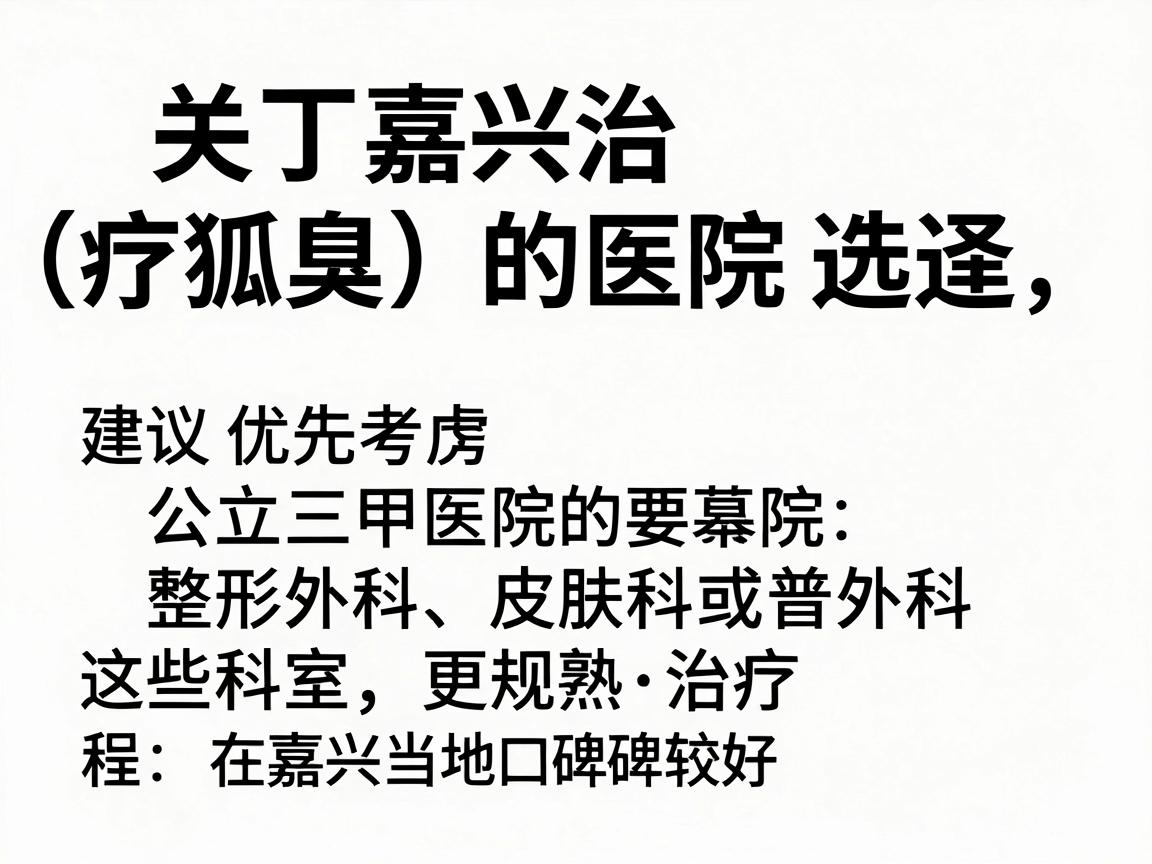 关于嘉兴治疗狐臭（腋臭）的医院选择，建议优先考虑公立三甲医院的整形外科、皮肤科或普外科，这些科室通常拥有更规范的治疗流程和成熟的技术。以下是一些在嘉兴当地口碑较好的医院及其相关科室供您参考