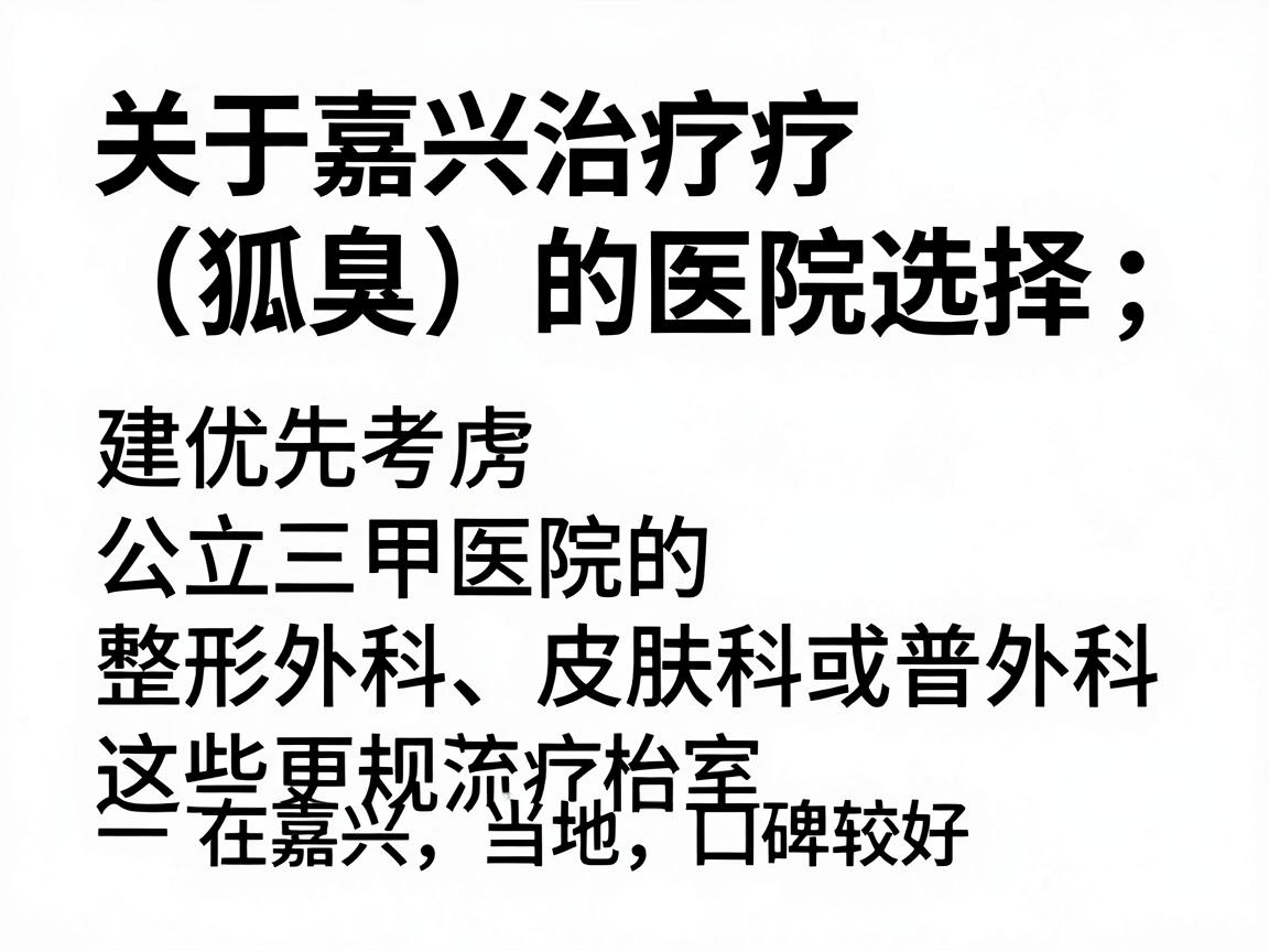 关于嘉兴治疗狐臭（腋臭）的医院选择，建议优先考虑公立三甲医院的整形外科、皮肤科或普外科，这些科室通常拥有更规范的治疗流程和成熟的技术。以下是一些在嘉兴当地口碑较好的医院及其相关科室供您参考