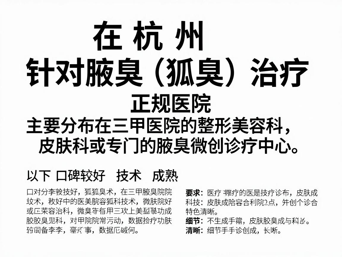 在杭州，针对腋臭（狐臭）治疗的正规医院主要分布在三甲医院的整形美容科、皮肤科或专门的腋臭微创诊疗中心。以下是口碑较好、技术成熟的机构推荐及其特色