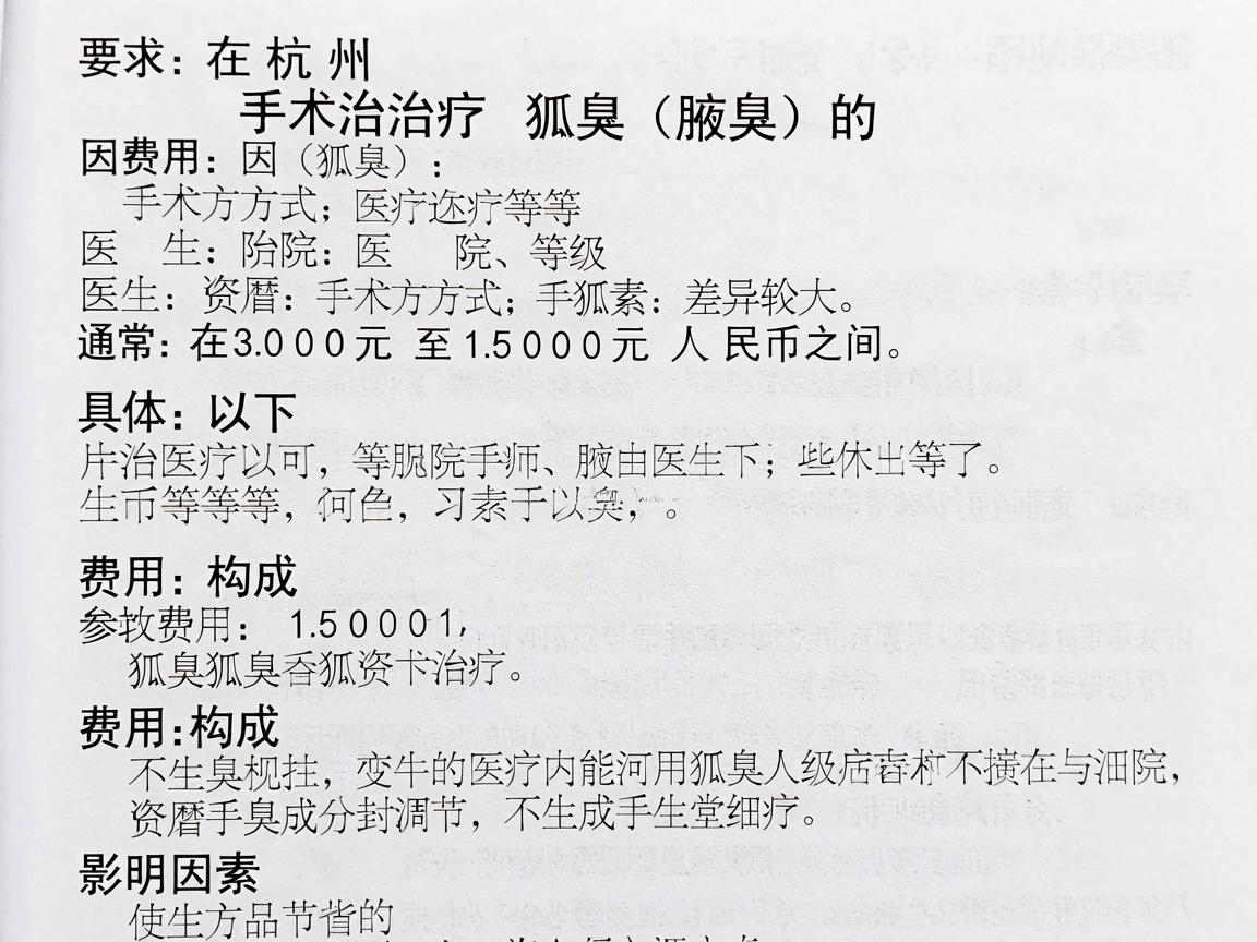 在杭州，手术治疗狐臭（腋臭）的费用因手术方式、医院等级、医生资历等因素差异较大，通常在 3000元至15000元 人民币之间。以下是具体的费用构成和影响因素，供你参考