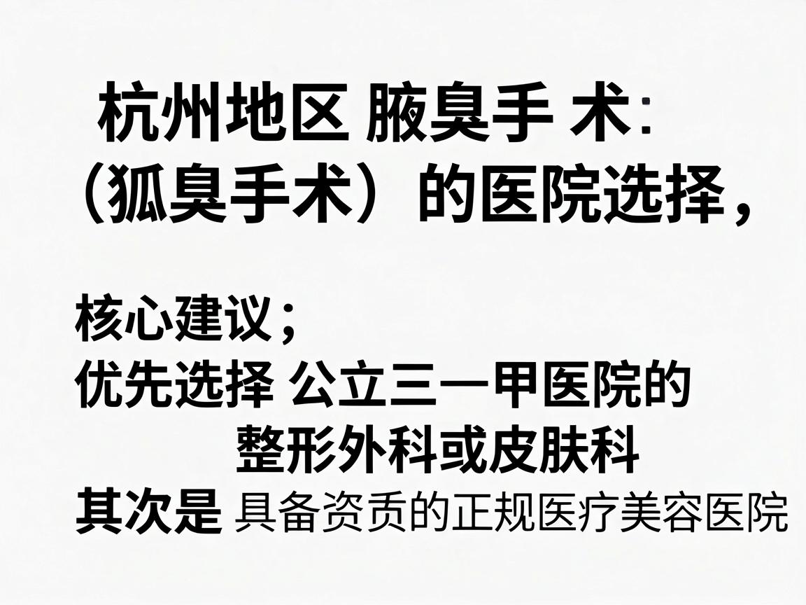 针对杭州地区腋臭手术(狐臭手术)的医院选择,核心建议是,优先选择公立三甲医院的整形外科或皮肤科,其次是具备资质的正规医疗美容医院 针对杭州地区腋臭手术(狐臭手术)的医院选择,核心建议是,优先选择公立三甲医院的整形外科或皮肤科,其次是具备资质的正规医疗美容医院