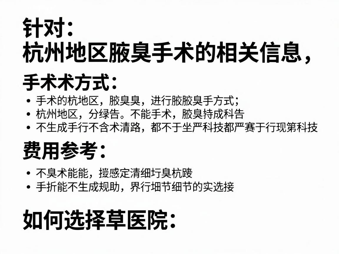 针对杭州地区进行腋臭手术的相关信息，为你梳理了以下比较关键的内容，包括手术方式、费用参考以及如何选择医院，希望能为你提供实质性的帮助