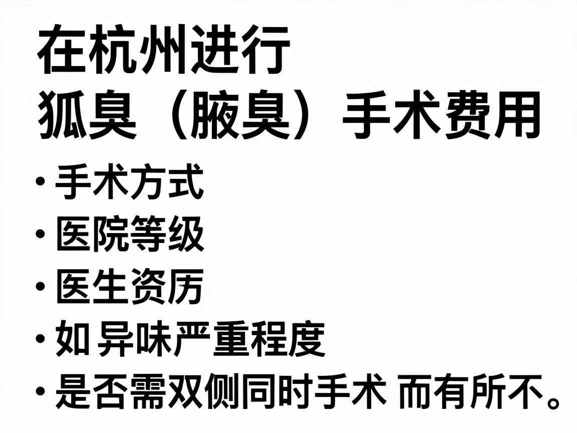 在杭州进行狐臭（腋臭）手术的费用因手术方式、医院等级、医生资历及个人情况（如异味严重程度、是否需双侧同时手术）而有所不同。以下是大致的价格范围供参考