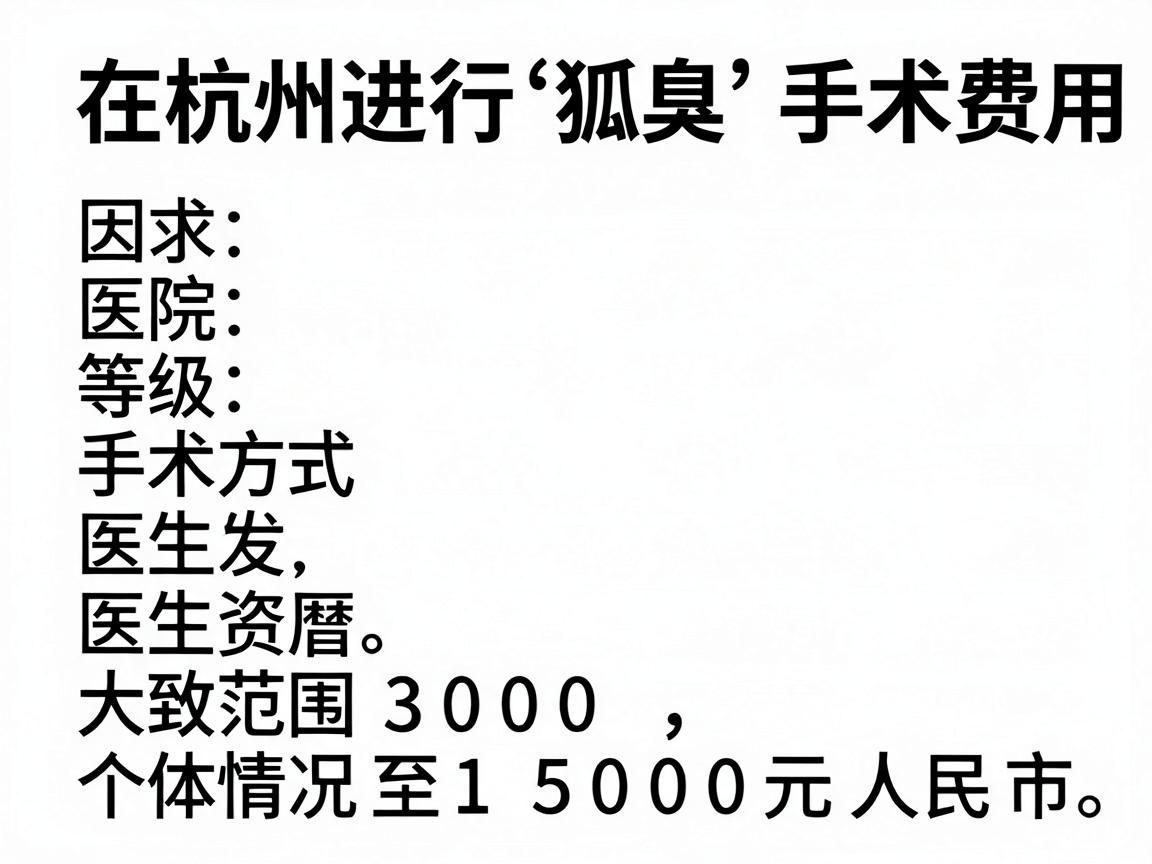 在杭州进行狐臭（腋臭）手术的费用因医院等级、手术方式、医生资历及个体情况差异较大，大致范围在 3000元至15000元人民币。以下是具体影响因素及参考价格