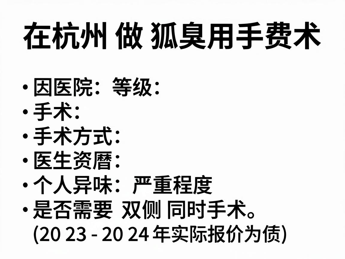 在杭州做狐臭手术的费用因医院等级、手术方式、医生资历及个人情况（如异味严重程度、是否需要双侧同时手术）等因素差异较大。以下为大致参考范围（2023-2024年数据，具体以医院实际报价为准）