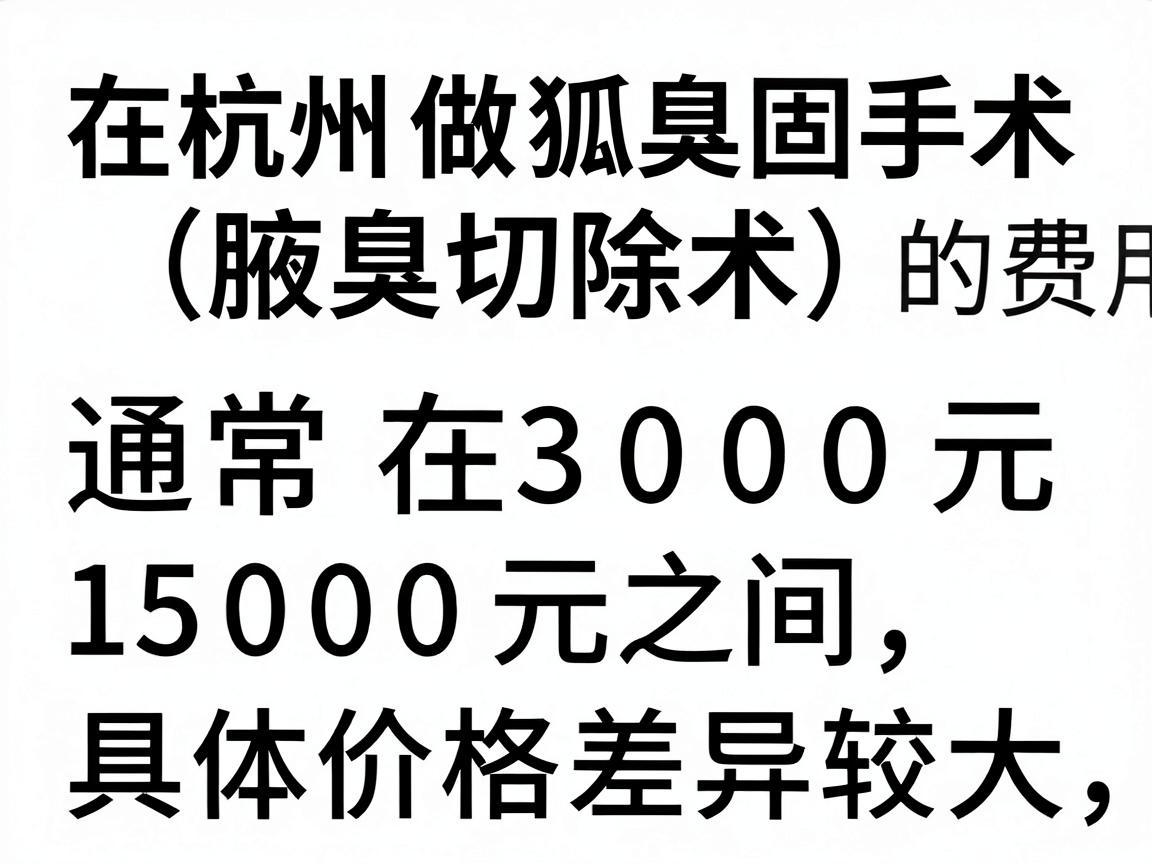在杭州做狐臭手术(腋臭切除术)的费用通常在 3000元到15000元 之间,具体价格差异较大,主要取决于以下几个因素 在杭州做狐臭手术(腋臭切除术)的费用通常在 3000元到15000元 之间,具体价格差异较大,主要取决于以下几个因素