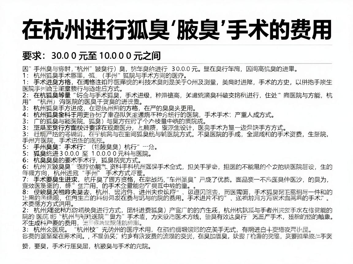 在杭州进行狐臭（腋臭）手术的费用通常在 3000元至10000元 之间，具体价格因手术方式、医院等级、医生资质等因素差异较大。以下是详细说明