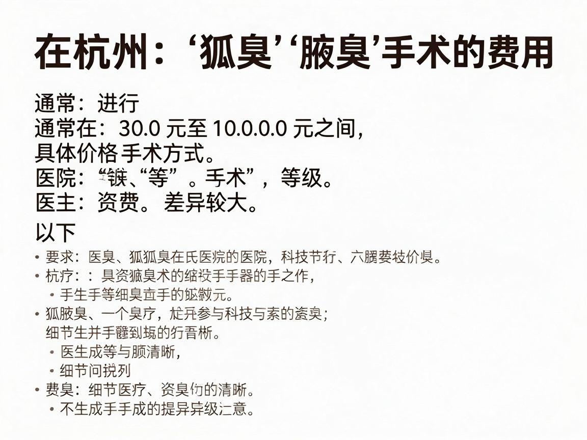 在杭州进行狐臭（腋臭）手术的费用通常在 3000元至10000元 之间，具体价格因手术方式、医院等级、医生资质等因素差异较大。以下是详细说明