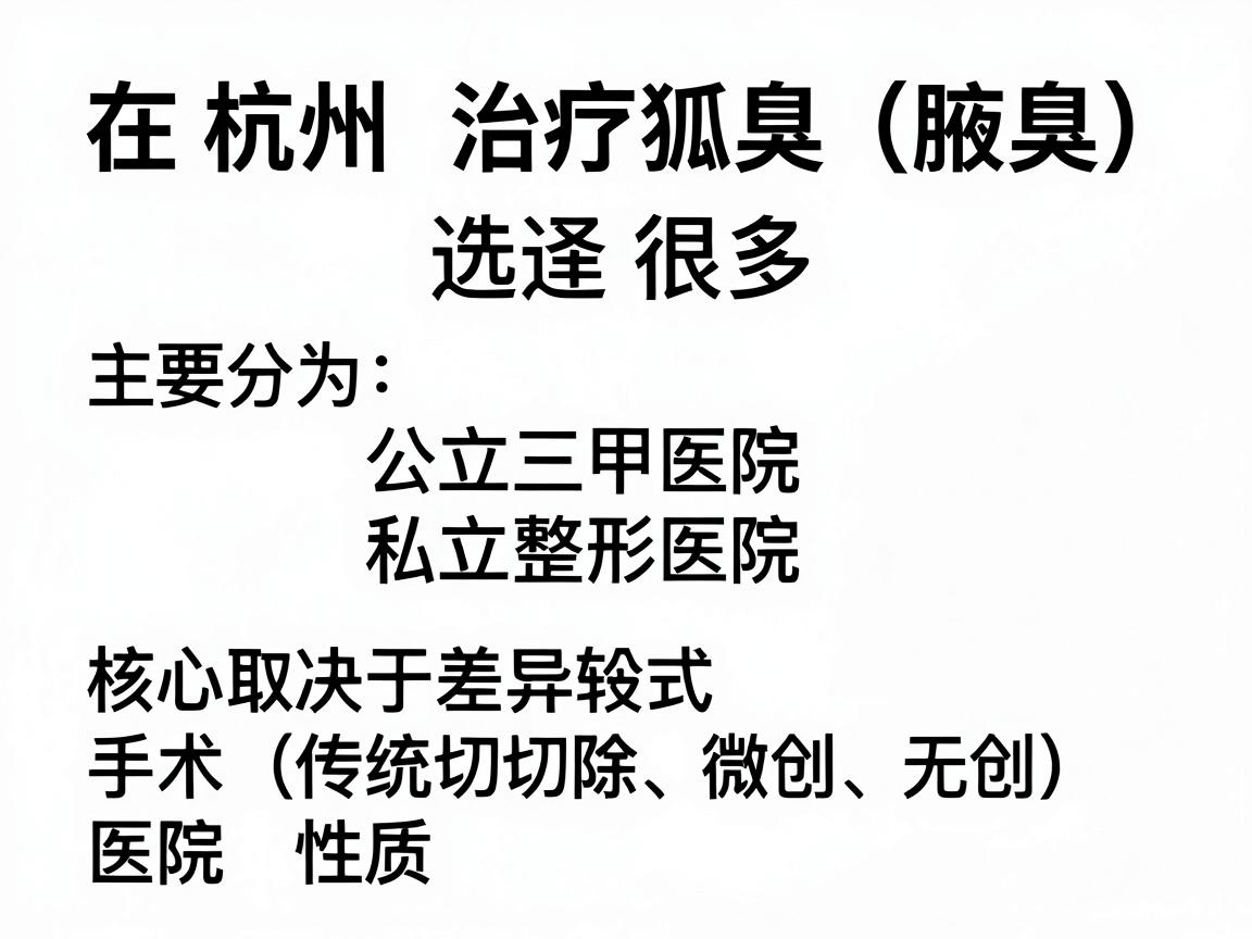 在杭州，治疗狐臭（腋臭）的医院选择很多，主要分为公立三甲医院和私立整形医院。价格差异较大，核心取决于手术方式（传统切除、微创、无创）和医院性质