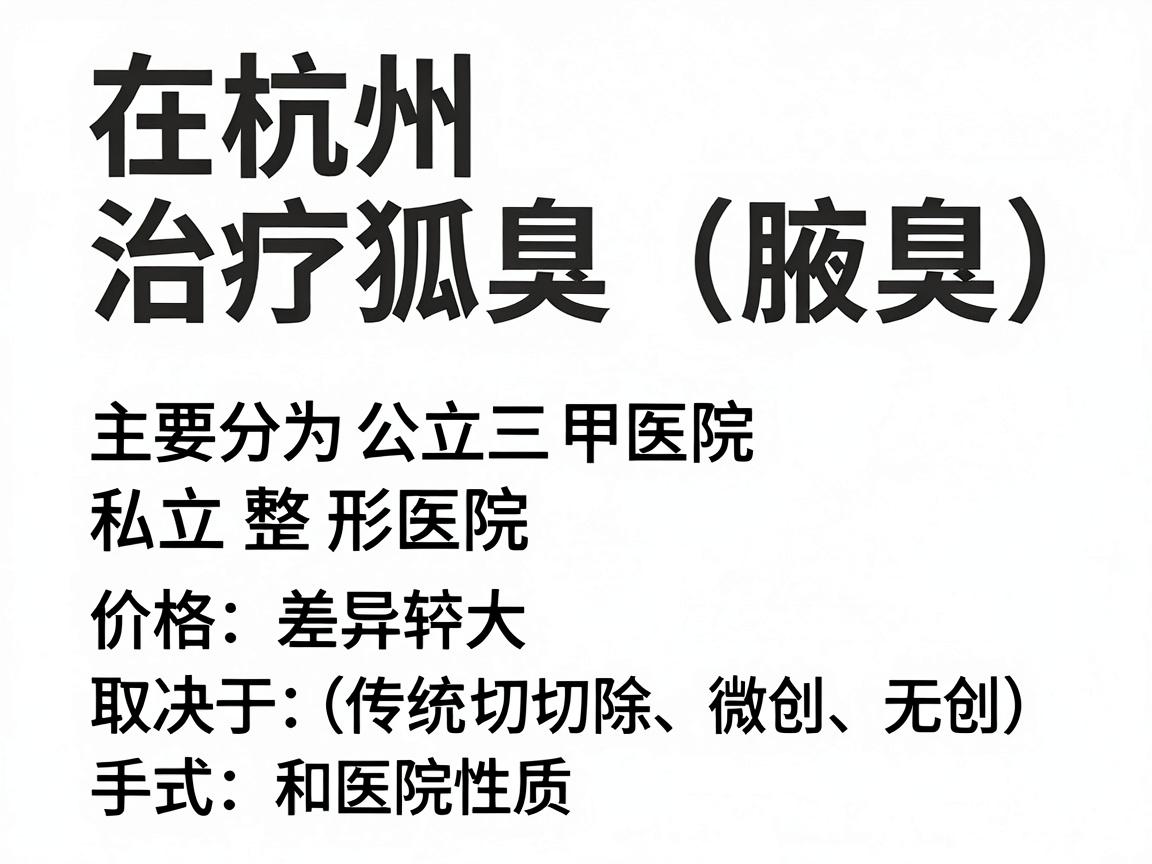 在杭州，治疗狐臭（腋臭）的医院选择很多，主要分为公立三甲医院和私立整形医院。价格差异较大，核心取决于手术方式（传统切除、微创、无创）和医院性质
