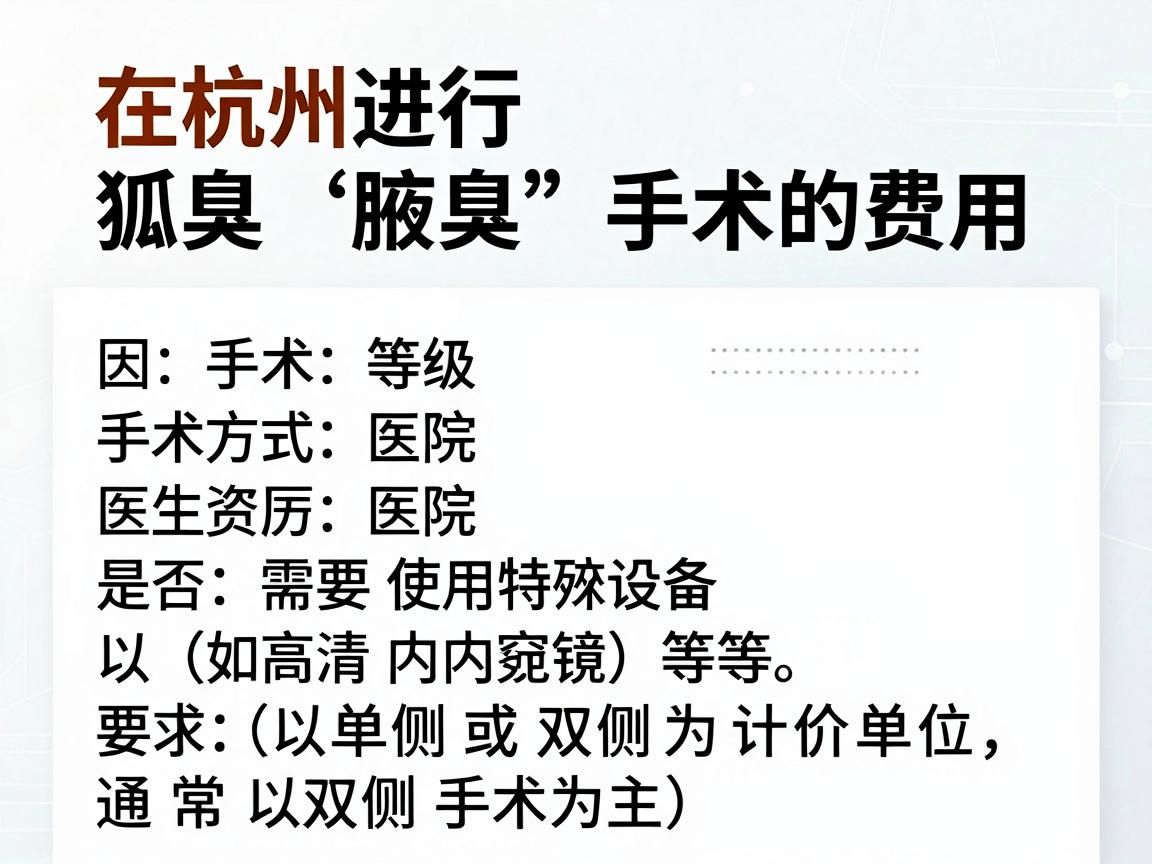 在杭州进行狐臭（腋臭）手术的费用因手术方式、医院等级、医生资历以及是否需要使用特殊设备（如高清内窥镜）等因素而有较大差异。以下是一个大致的费用参考范围（以单侧或双侧为计价单位，通常以双侧手术为主）