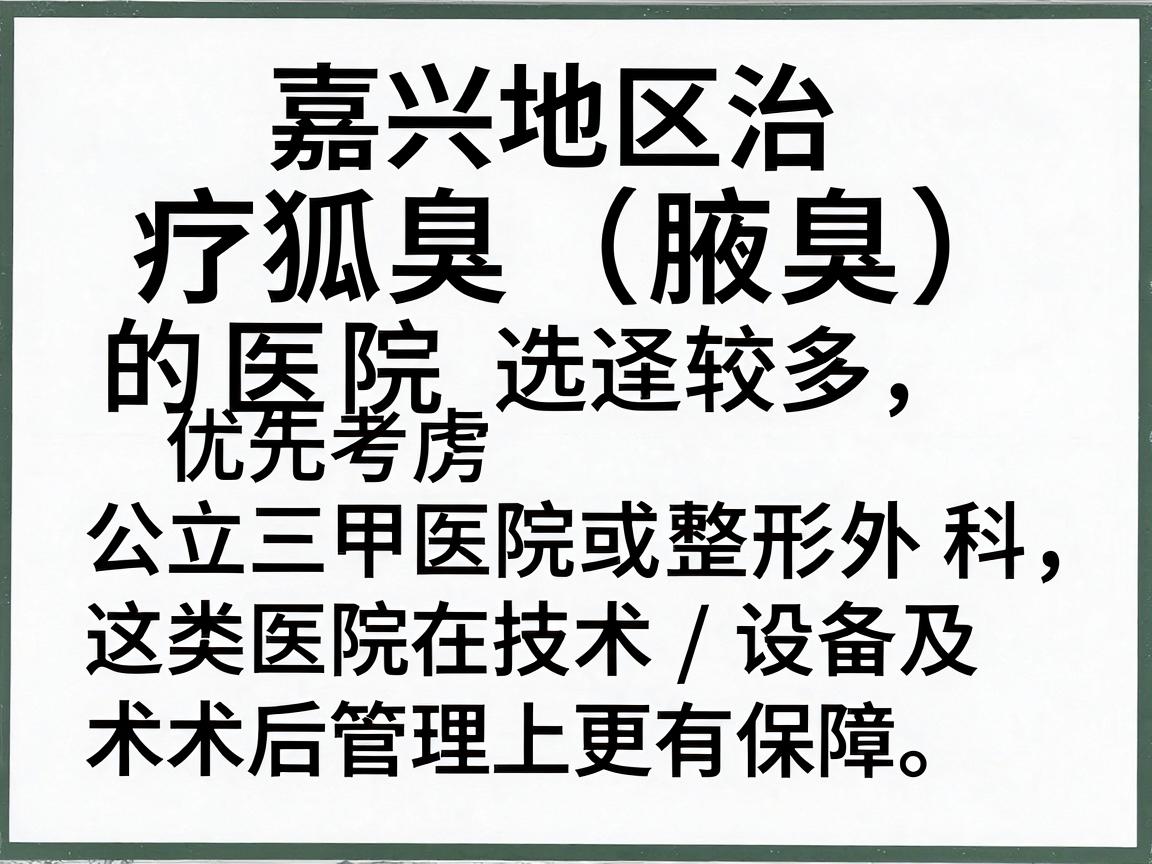 嘉兴地区治疗狐臭（腋臭）的医院选择较多，建议优先考虑公立三甲医院的皮肤科或整形外科，这类医院在技术、设备及术后管理上更有保障。以下是几家口碑较好的医院及科室推荐