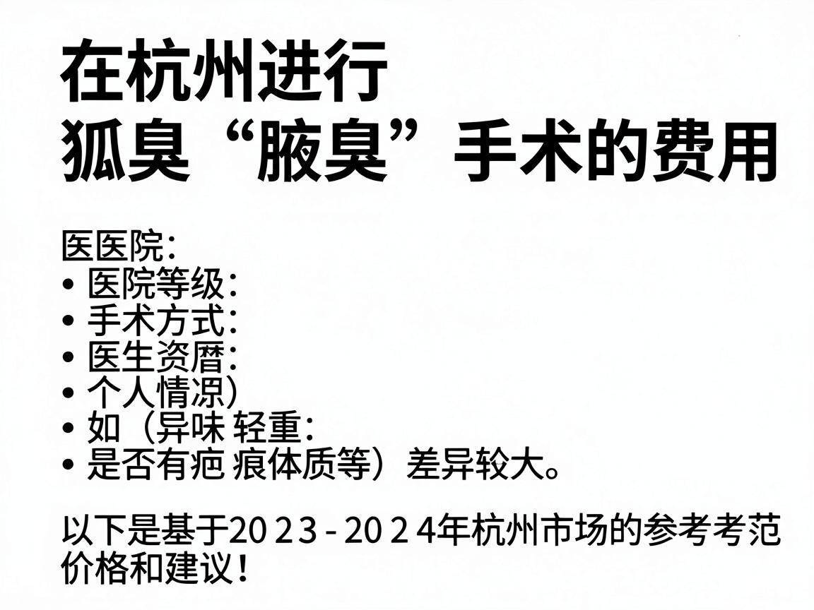 在杭州进行狐臭（腋臭）手术的费用因医院等级、手术方式、医生资历及个人情况（如异味轻重、是否有疤痕体质等）差异较大。以下是基于2023-2024年杭州市场的参考价格范围和建议