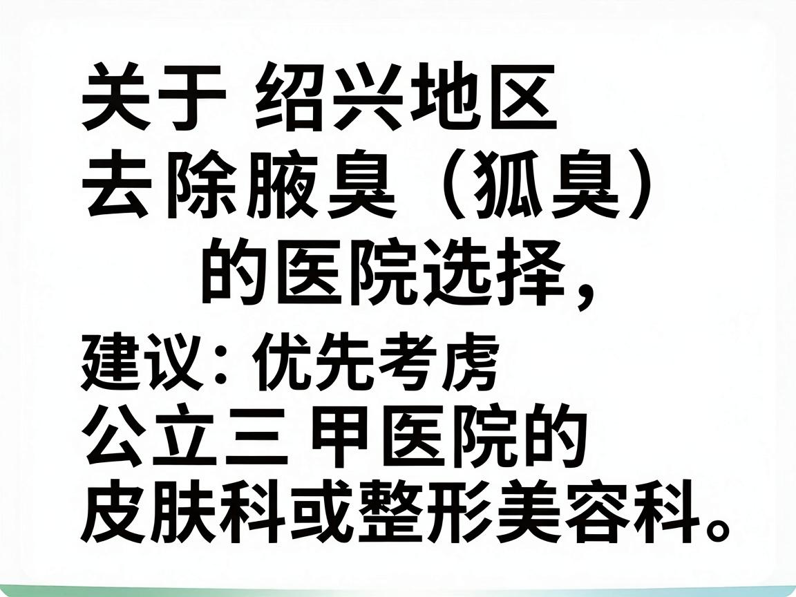 关于绍兴地区去除腋臭（狐臭）的医院选择，建议优先考虑公立三甲医院的皮肤科或整形美容科。这类医院通常设备更先进、医生经验更丰富，且收费相对透明