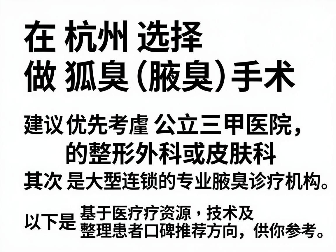 在杭州选择做狐臭（腋臭）手术，建议优先考虑公立三甲医院的整形外科或皮肤科，其次是大型连锁的专业腋臭诊疗机构。以下是基于医疗资源、技术及患者口碑整理的推荐方向，供你参考