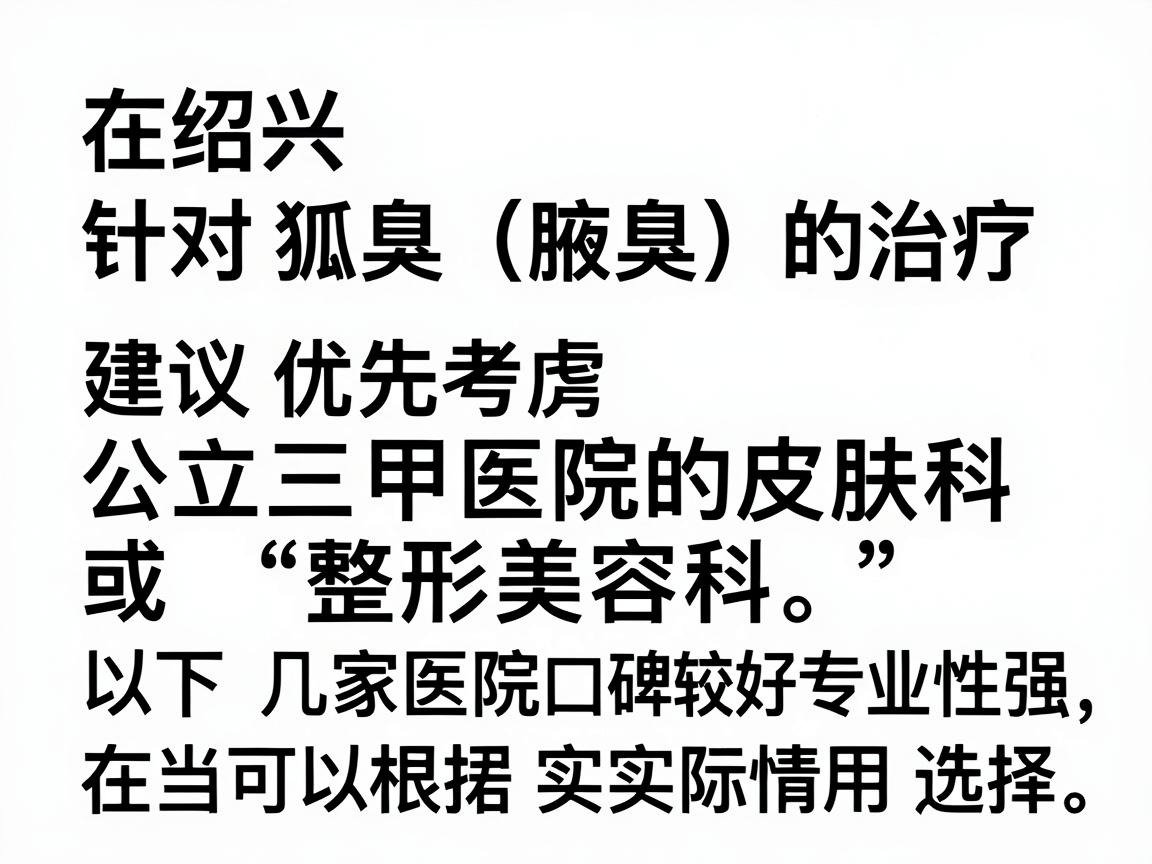 在绍兴，针对狐臭（腋臭）的治疗，建议优先考虑公立三甲医院的皮肤科或整形美容科。以下几家医院在当地口碑较好，专业性强，你可以根据实际情况选择