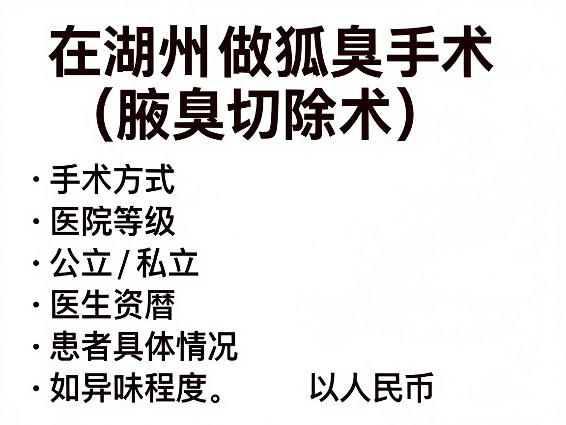 在湖州做狐臭手术（腋臭切除术）的费用因手术方式、医院等级（公立/私立）医生资历及患者具体情况（如异味程度）而有所差异。以下是一份大致的费用参考范围（以人民币计）
