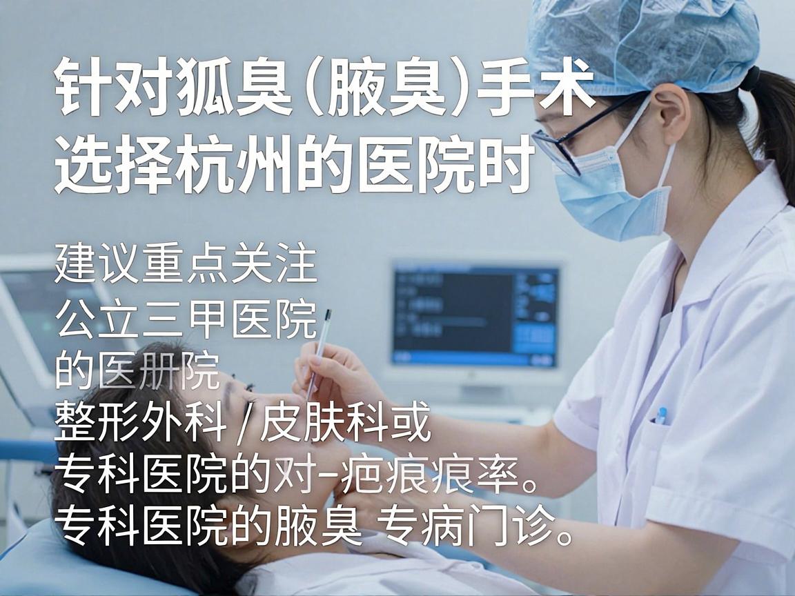 针对狐臭（腋臭）手术，选择杭州的医院时，建议重点关注公立三甲医院的整形外科/皮肤科或专科医院的腋臭专病门诊。这类手术技术相对成熟，但选对医生和医院能有效降低复发率和疤痕风险