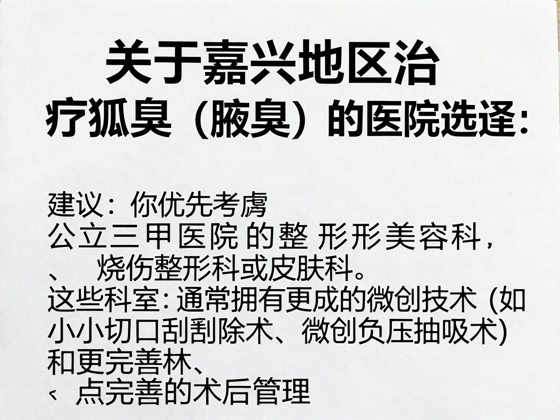 关于嘉兴地区治疗狐臭（腋臭）的医院选择，建议你优先考虑公立三甲医院的整形美容科、烧伤整形科或皮肤科，这些科室通常拥有更成熟的微创技术（如小切口刮除术、微创负压抽吸术）和更完善的术后管理