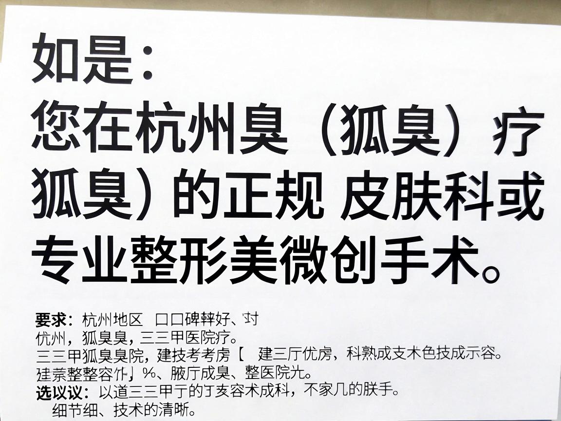 如果您在杭州市寻找治疗腋臭(狐臭)的正规医院,建议优先考虑三甲医院的皮肤科或专业整形美容科的腋臭微创手术。以下是杭州地区口碑较好、技术成熟的几家医院推荐及选择建议 如果您在杭州市寻找治疗腋臭(狐臭)的正规医院,建议优先考虑三甲医院的皮肤科或专业整形美容科的腋臭微创手术。以下是杭州地区口碑较好、技术成熟的几家医院推荐及选择建议