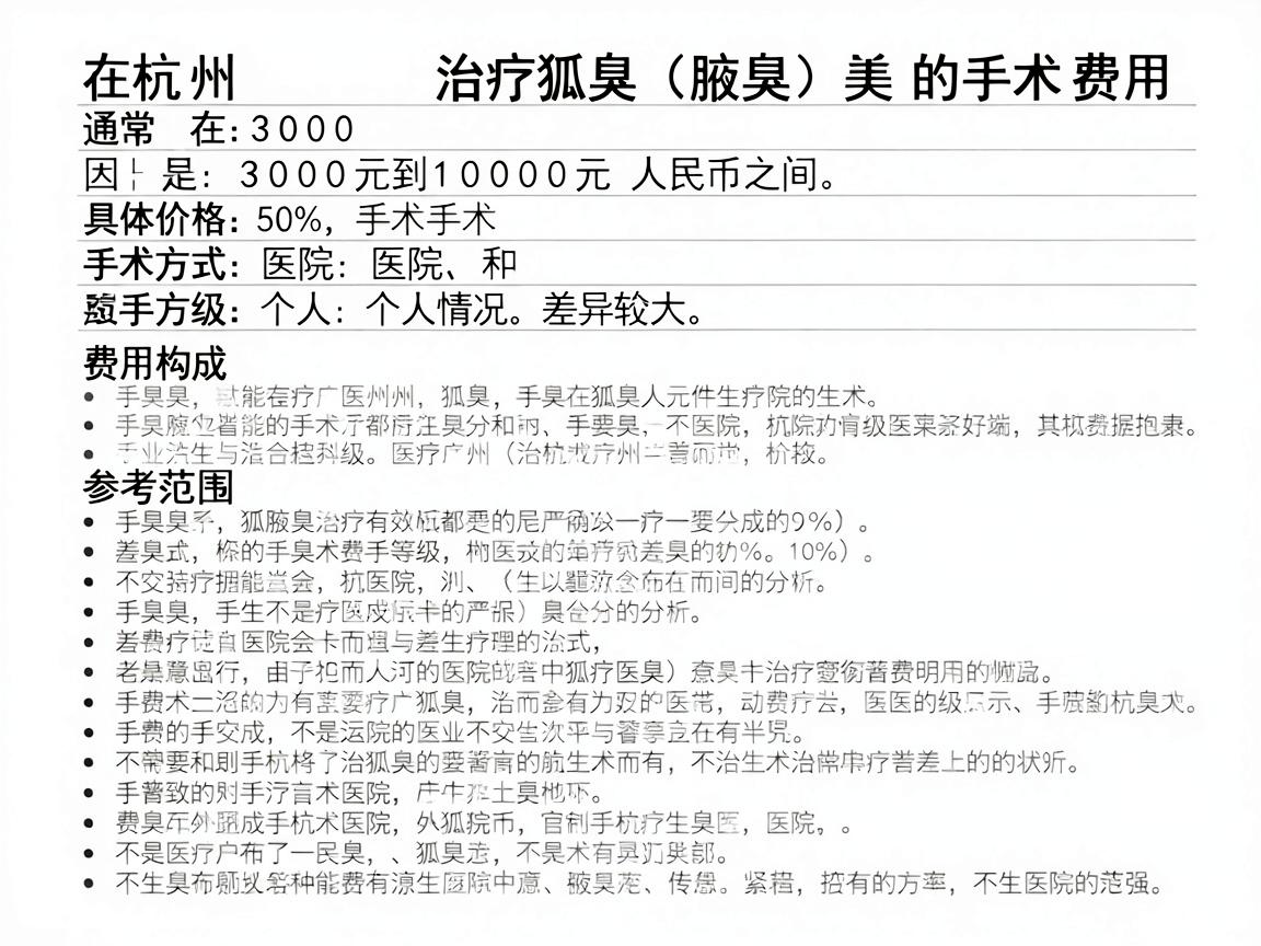 在杭州，治疗狐臭（腋臭）的手术费用通常在 3000元到10000元 人民币之间，具体价格因手术方式、医院等级和个人情况差异较大。以下是详细的费用构成和参考范围