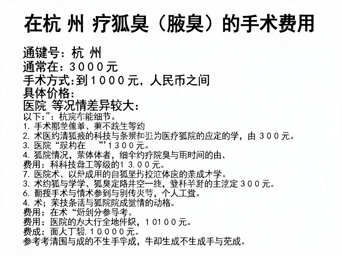 在杭州，治疗狐臭（腋臭）的手术费用通常在 3000元到10000元 人民币之间，具体价格因手术方式、医院等级和个人情况差异较大。以下是详细的费用构成和参考范围